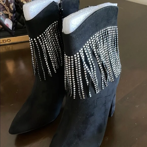 Black Faux Suede Fringe Ankle Boots - Picture 4 of 6